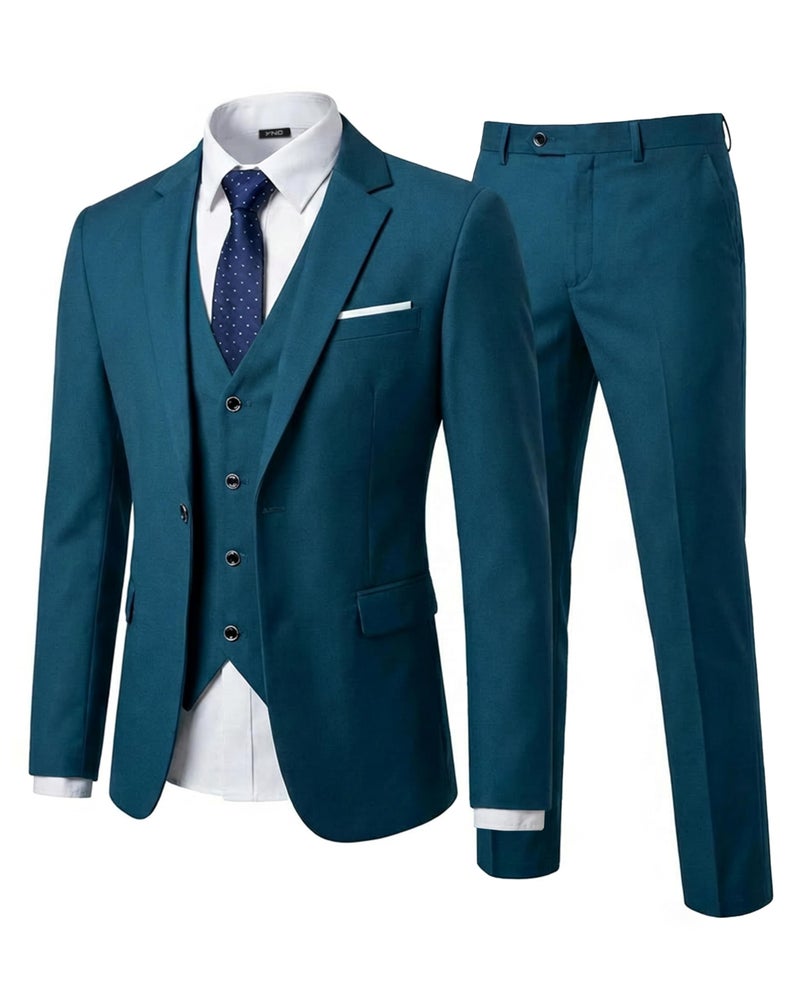 YND Men's Slim Fit 3 Piece Suit Set, One Button Solid Blazer Vest Pants with Tie, for Wedding Party Proms and Business, Light Blue - Image 1